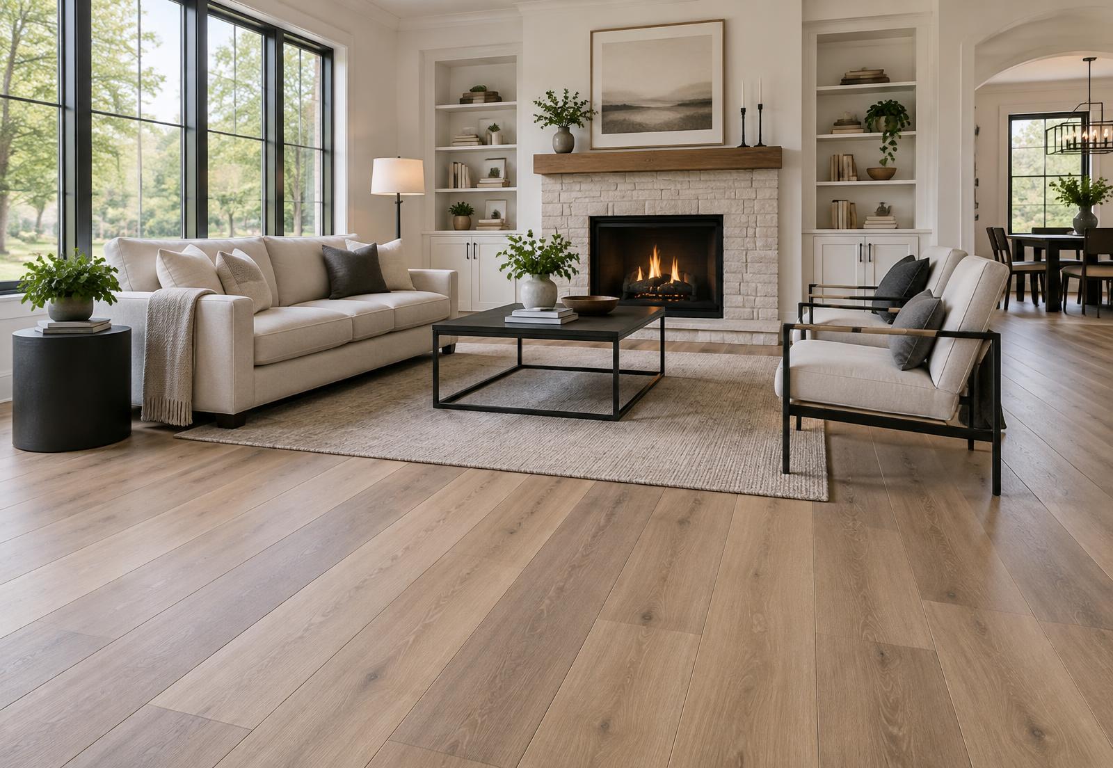 New oak-look flooring installed in a bright Philadelphia-area living room